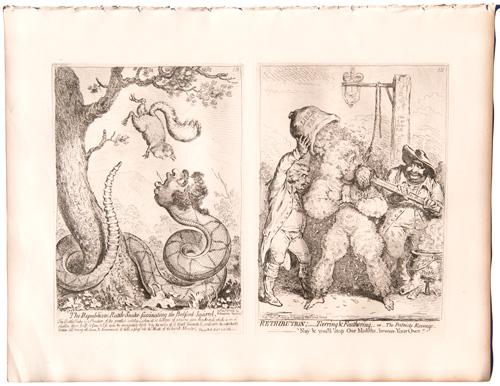 original James Gillray etchings The Republican Rattlesnake Fascintating the Bedford Squirrel

Retribution–Tarring and Feathering; or, The Patriot's Revenge